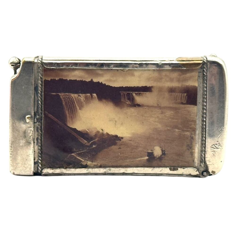 Vintage Niagara Falls Photo Match Safe Silver Tone Metal Hinged Matchbox Holder